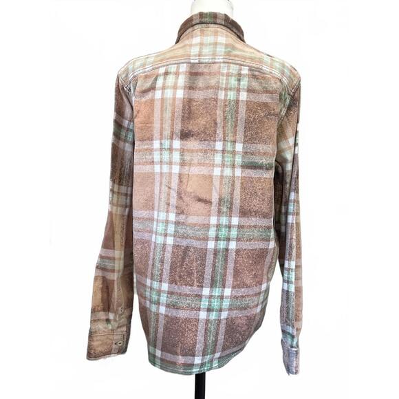 Upcycled Distressed Flannel Brown and Beige Plaid Button-Up Shirt Size Medium - Picture 4 of 8